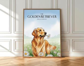 Golden Retriever Aquarell Print: Frühlingswiese Gänseblümchen (Fine Art Poster)