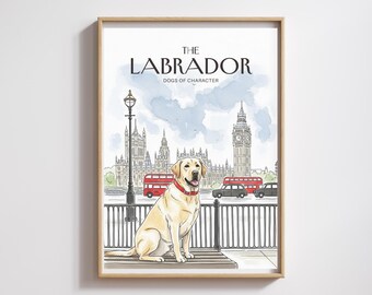 Aquarell Labrador London Druck: Big Ben, Doppeldeckerbus (Digitaler Download)