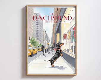 Impresión de acuarela de un perro salchicha: arte callejero de Nueva York, perro negro y canela (descarga digital)