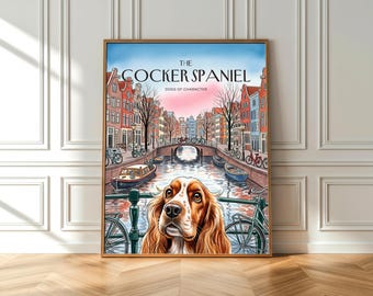 Watercolor Cocker Spaniel Print: Amsterdam Canal Sunset (Fine Art Poster)