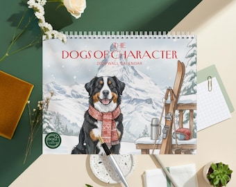 Può includere: Calendario da parete 2026 intitolato "The Dogs of Character". L'immagine mostra un Bovaro del Bernese con una sciarpa, con uno sfondo di montagna innevata. Include sci e un thermos.