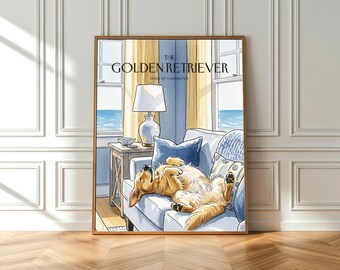 Watercolor Golden Retriever Print: Coastal Maritime Home Decor (Fine Art Print)