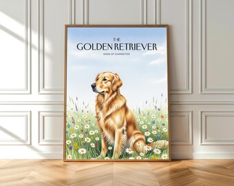 Golden Retriever Aquarell Druck: Wiese, Gänseblümchen & Wildblumen (Fine Art Poster)