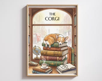 Impresión de acuarela de Corgi en librería: Arte caprichoso para amantes de los perros (descarga digital)
