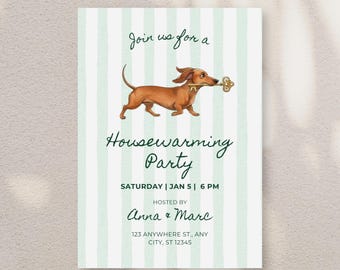 Plantilla de invitación de inauguración de casa con diseño de perro salchicha / Diseño de perro acuarela con rayas verdes, editable en Canva (descarga digital)