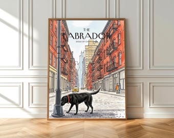 Schwarzer Labrador Aquarell Druck: Manhattan Stadtansicht Hund (Fine Art Poster)
