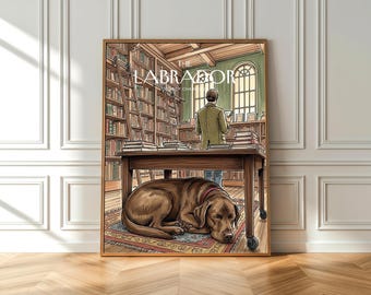 Chocolate Labrador in Bibliothek Aquarell: Ideales Geschenk für Hunde-Enthusiasten (Fine Art Print)