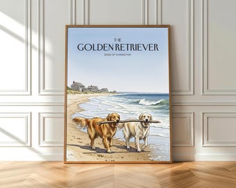 Impresión en acuarela de un golden retriever: arte costero de la playa de Nantucket (póster de bellas artes)