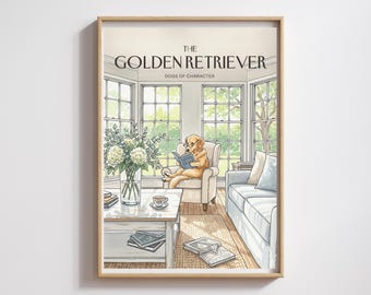 Golden Retriever Book Lover Watercolor Art Print: Coastal Home Decor (Digital Download)