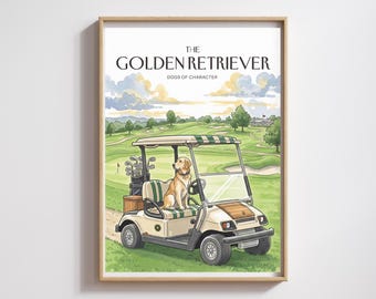Golden Retriever Golf Cart Aquarell Kunstdruck: Hundeliebhaber Geschenk (Digitaler Download)