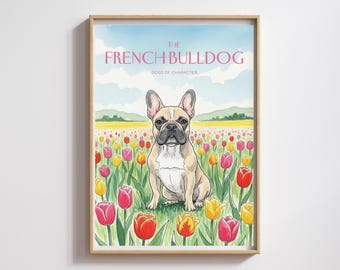 Französische Bulldogge Aquarell Bild: Pastell Tulpenfeld, Geschenk für Hundeliebhaber (Digitaler Download)