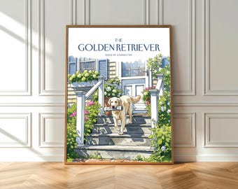 Arte mural de Golden Retriever: Lámina vintage americana de perro con hortensias rosas (póster de bellas artes)