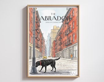 Schwarzer Labrador Aquarell Druck: Manhattan Stadtbild Hund Kunst (Digitaler Download