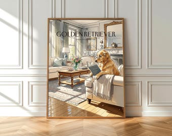 Watercolor Golden Retriever Book Print: Coastal Living Room Decor (Fine Art Poster)
