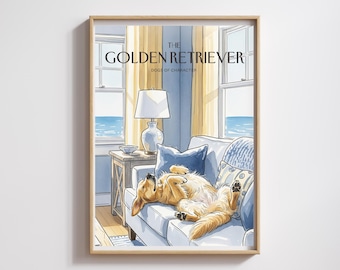Watercolor Golden Retriever Print: Coastal Maritime Home Decor (Digital Download)