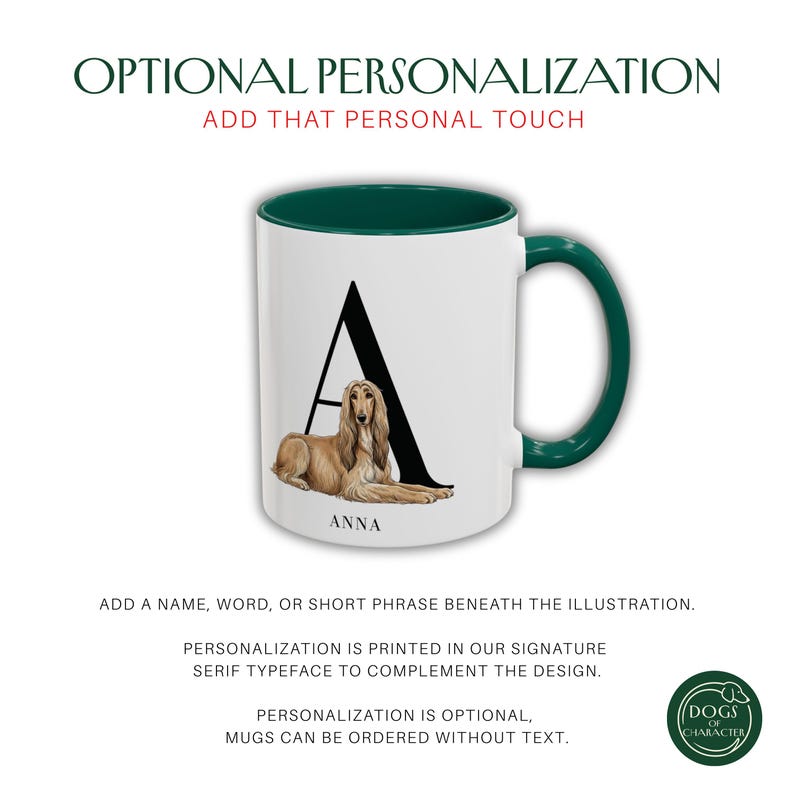 Pu&ograve; includere: Tazza in ceramica bianca con manico e interno verdi. La tazza presenta la lettera nera "A" con un'illustrazione di un levriero afgano marrone e il nome "ANNA" sotto. Il testo in alto recita "PERSONALIZZAZIONE OPZIONALE".