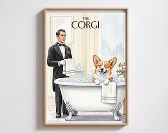 Impresión de acuarela de Corgi en el baño: arte caprichoso para mascotas (descarga digital)
