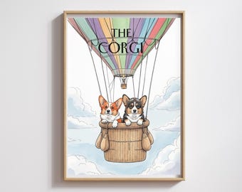 空飛ぶコーギー犬のアートプリント：風変わりな壁飾り - Etsy 日本