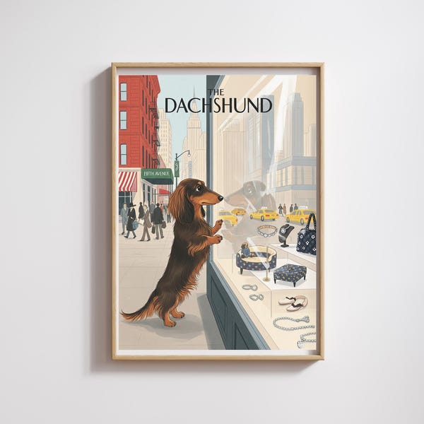 Dachshund 5th Avenue NYC Print: Whimsical Dog Art (Digital Download)