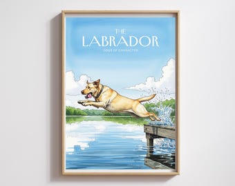 Yellow Labrador Watercolor Print: Sporty Dog Jumping into Lake (Digital Download