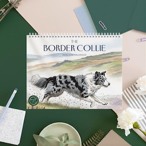 May include: A spiral-bound calendar featuring a watercolor illustration of a Border Collie dog running through a field. The calendar's title, "THE BORDER COLLIE," is displayed above the image, with the year "2026 DOG CALENDAR" below.