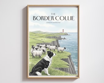 Impresión costera de Border Collie en acuarela: Faro de Escocia, pastoreo de ovejas, arte (descarga digital)