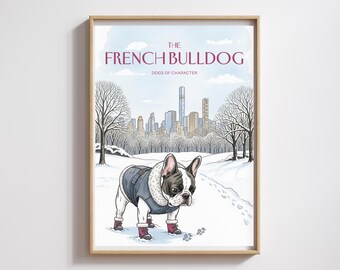 Französische Bulldogge Aquarell Druck: Winterlandschaft im Central Park (Digitaler Download)