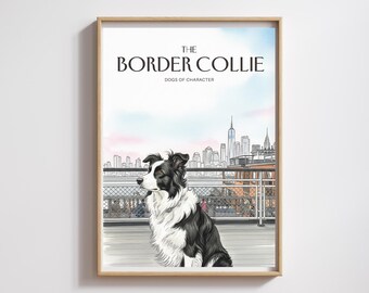 Border Collie Watercolor Print: Brooklyn Sunset, Staten Island Ferry (Digital Download)