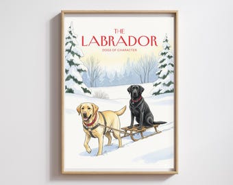 Labrador Winter Schlittenfahrt Poster: Wunderlicher Aquarell Hund Kunst (Digitaler Download