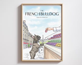 Pariser Bulldogge Aquarell Kunstdruck: Eiffelturm & Macarons (Digitaler Download
