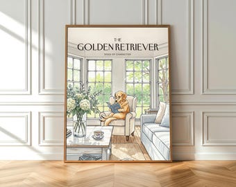 Impresión artística en acuarela de un Golden Retriever amante de los libros: Decoración costera (Póster de Bellas Artes)