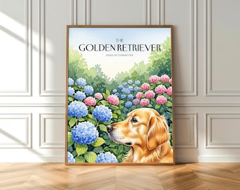 Golden Retriever Aquarell Kunstdruck - Hortensien im Küstenstil (Fine Art Poster)