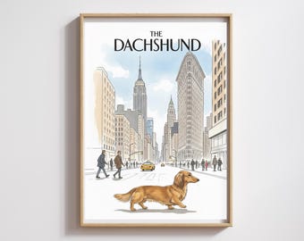 Impresión en acuarela de un perro salchicha de pelo largo: arte urbano de Nueva York (descarga digital)