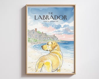 Impresión de acuarela de perro labrador en la playa: decoración náutica de Cape Cod con un toque costero (descarga digital)