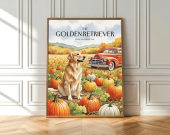 Impresión de un Golden Retriever con Calabazas: Arte de acuarela otoñal (Póster de Bellas Artes)