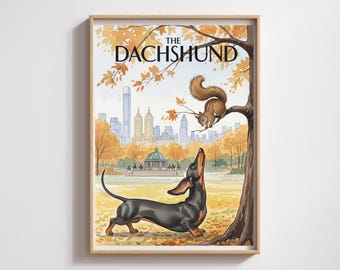 Impresión otoñal de un perro salchicha en acuarela: Arte del Central Park de Nueva York (descarga digital)