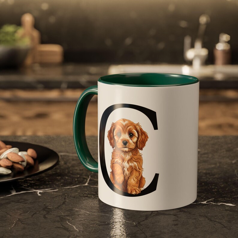Tazza con iniziale Cavapoo C, tazza con monogramma Cavapoo, tazza con alfabeto per cani, regalo personalizzato per amanti dei cani, illustrazione Cavapoo, regali Cavapoo immagine 2