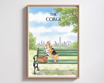 Walisische Corgis Aquarell Druck, London Skyline, Picknick bei Primrose Hill, Hundeliebhaber-Dekoration