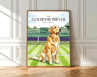 Impresión artística de tenis de Golden Retriever en Wimbledon: regalo original en acuarela para amantes de los perros (póster de bellas artes)