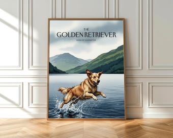Golden Retriever Lake Leap Watercolor Print: Sporty Dog Art (Fine Art Poster)