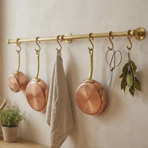 Antique Brass Pot Rail with S Hooks, Wall-Mounted Kitchen Organizer