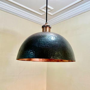 Black Hammered Copper Dome Pendant Light – Wide Farmhouse Kitchen Lighting – Rustic Handmade Ceiling Lamp