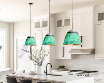 Lámparas colgantes de cúpula de cobre martillado - Pátina verde - Juego de 3