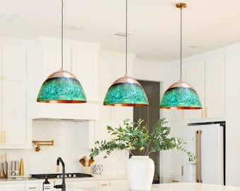 Verdigris Copper Dome Pendant Lights: Handcrafted Kitchen Island Lighting - Set of 3