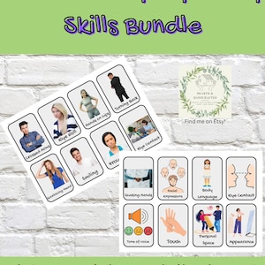 Könnte beinhalten: Ein Bundle mit Lernmaterialien mit dem Text "General Employability Skills Bundle". Es enthält Karteikarten und Poster zu nonverbaler Kommunikation, Gesichtsausdrücken, Körpersprache und Interviewarten. Das Bild zeigt verschiedene Illustrationen und das Logo des Etsy-Shops.