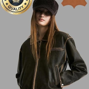 90s Distressed Brown Leather Jacket – Vintage Oversized Boxy Fit – Handmade Genuine Leather Biker Bomber – Retro Unisex Outerwear