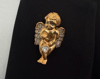 Broche vintage firmado Butler con querubín en tono dorado y colgante de corazón con diamantes de imitación.