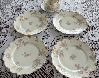 Juego de platos de postre y platillos para taza de té antiguos de Haviland Limoges para Eaton's, con estampado floral rosa.