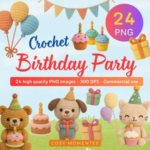 Paquete de imágenes prediseñadas de fiesta de cumpleaños de crochet: animales lindos, globos, pastel, regalos y decoraciones, invitaciones PNG transparentes, decoración de tarjetas, comercial