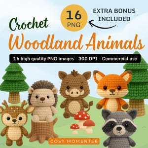 Gehaakte bosdieren clipart set bos wezens PNG bundel voor kinderen scrapbooking stickers kinderkamer muur kunst commercieel gebruik